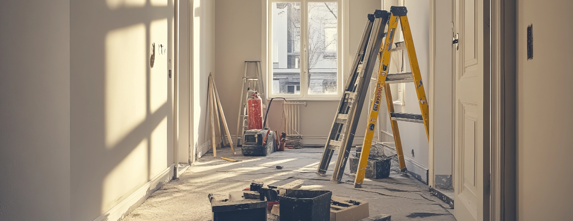 construction workers renovating apartment hallway with tools natural light streaming
