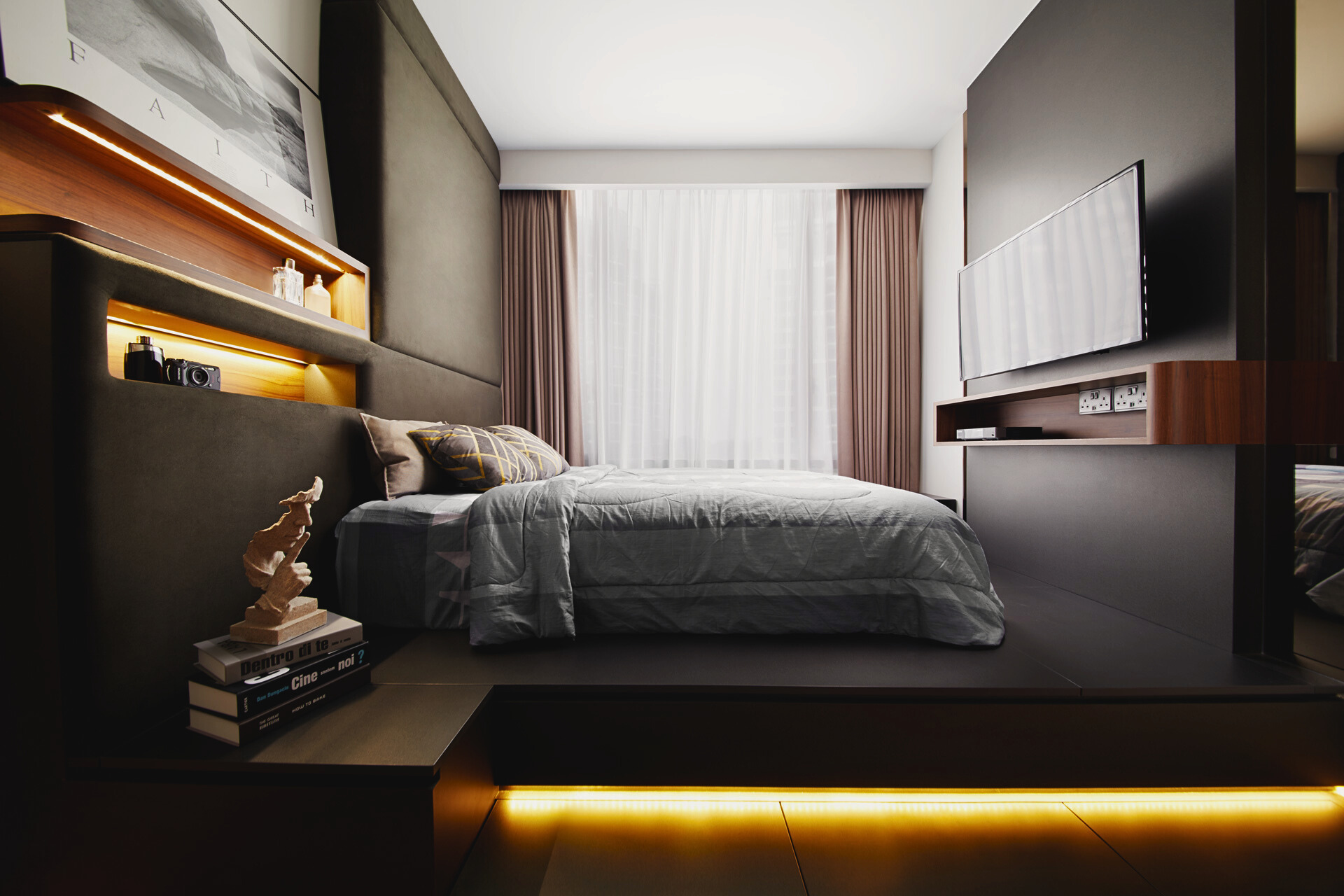 Platform bed with LED lighting and built-in shelving in a modern luxe bedroom