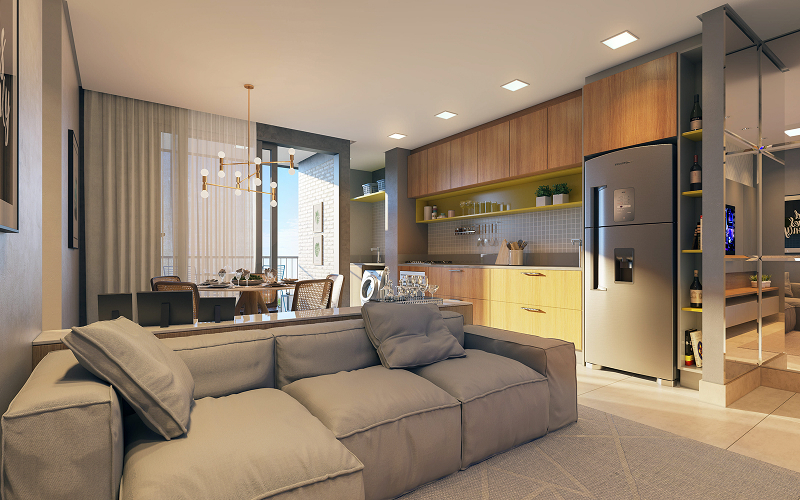 Open-concept condo interior design using integrated furniture to maximize space.